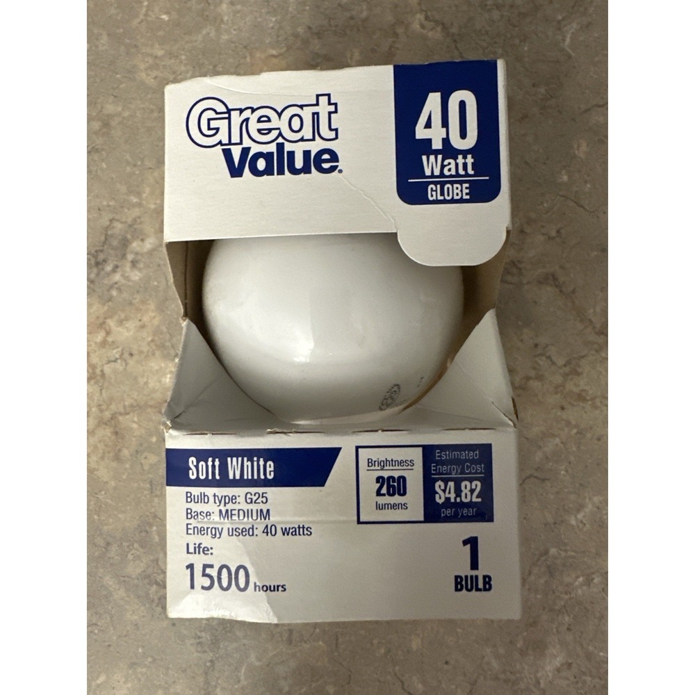 Great Value G25 Globe Light Bulb 40 Watt Soft White Incandescent Vanity NOS New